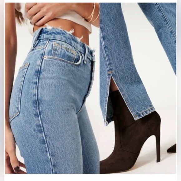 Good American Good Boy Straight Leg Trendy Side Slit Denim Jeans - Picture 6 of 12